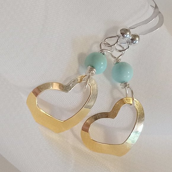Turquoise ~ 14K YG Vintage Heart and Sterling Silver Earrings - Picture 5 of 14